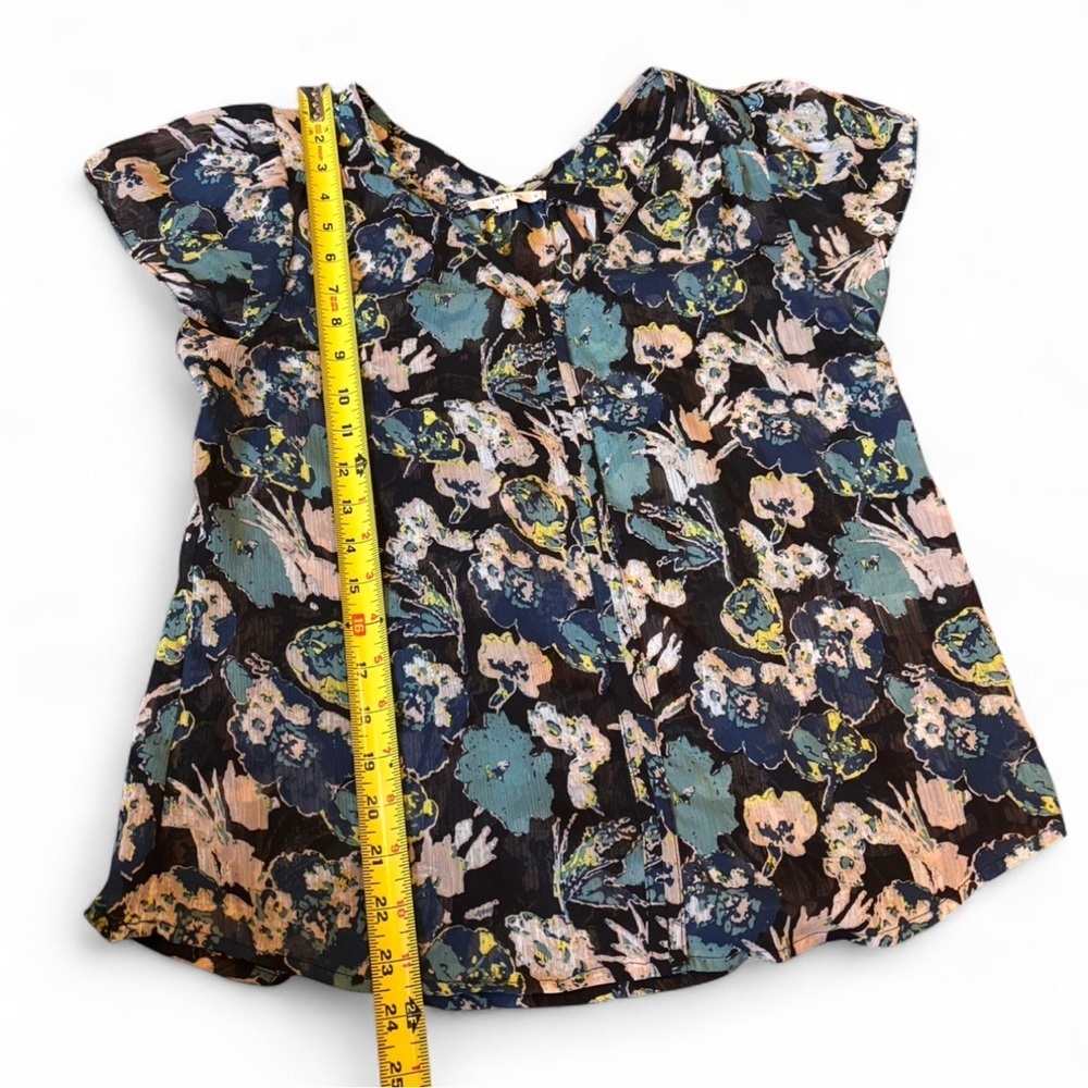 Fun 2 Fun Navy Teal Flutter Sleeve V-Neck Sheer Floral Boho Blouse Size Small - Picture 6 of 11